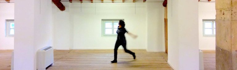 Una grande sala, più ambienti, pavimento e tetto di legno, la danzatrice esegue varie figure: corsa, salto, spaccata, volteggio, slancio di una gamba